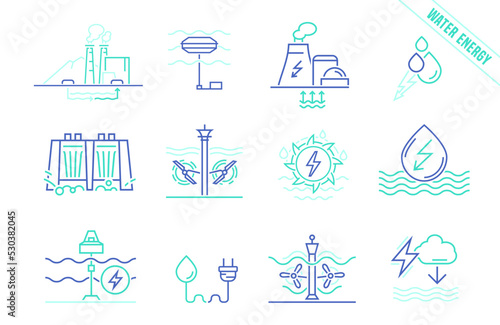 Water energy icons set. Blue pictograms. Vector illustration