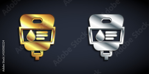 Gold and silver IV bag icon isolated on black background. Blood bag. Donate blood concept. The concept of treatment and therapy, chemotherapy. Long shadow style. Vector