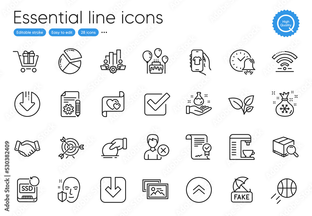 Cake, Love letter and Download arrow line icons. Collection of Photo album, Approved agreement, Alarm bell icons. Employees handshake, Search package, Leaves web elements. Recovery ssd. Vector