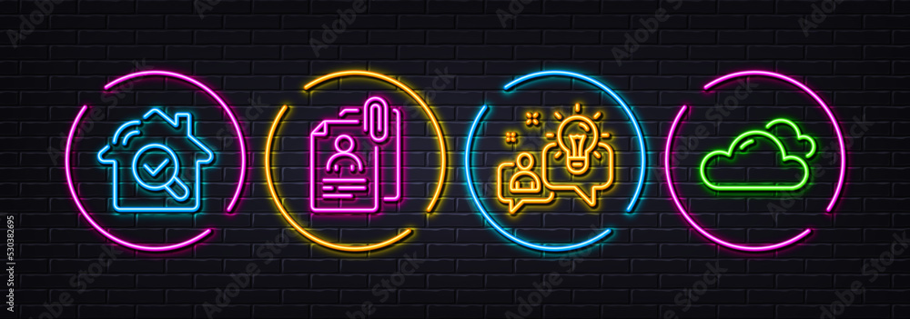 Interview documents, Inspect and Idea minimal line icons. Neon laser 3d lights. Cloudy weather icons. For web, application, printing. Cv attachment, Search building, Solution. Sky climate. Vector