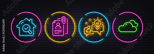 Interview documents, Inspect and Idea minimal line icons. Neon laser 3d lights. Cloudy weather icons. For web, application, printing. Cv attachment, Search building, Solution. Sky climate. Vector