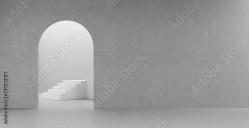 3D render empty white room with arch door wall design and concrete floor, corridor with stair, perspective of minimal design. Illustration 