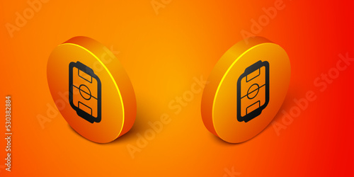 Isometric Table football game hobby or leisure icon isolated on orange background. Sport team football players. Orange circle button. Vector