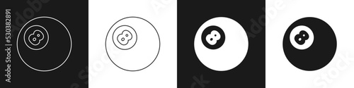Set Billiard pool snooker ball with number 8 icon isolated on black and white background. Vector