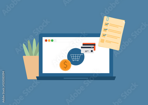 vector illustration online shopping flat icon, packaging e-commerce advertising, online marketing on delivery, promotion platform shopping, shoping checklist