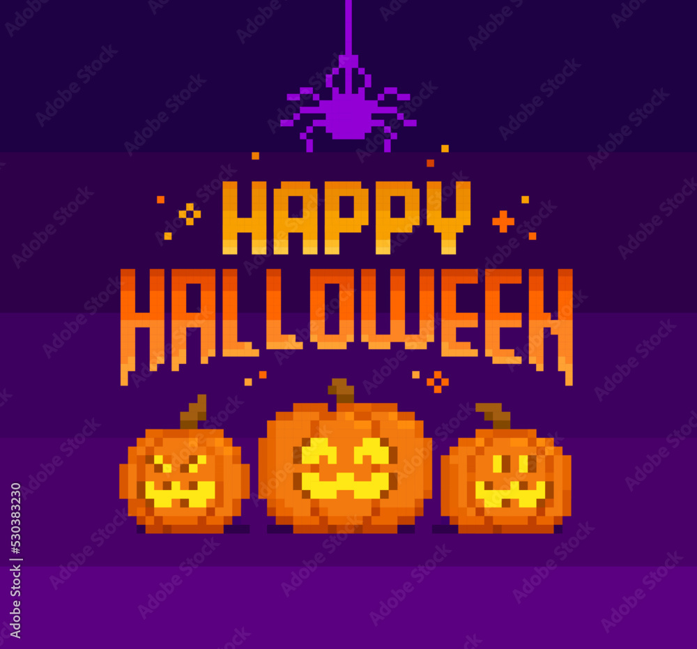 Pixel funnys pumpkin - vector halloween card template. Pixel art pumpkins with smile and Happy Halloween 8-bit style lettering