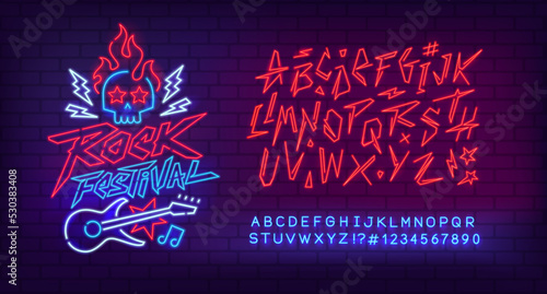 Rock n Roll music Neon Light sign with type font - editable vector template. Neon tube letters design for Rock music, Bar Light sign. Neon font. Rock Festival cyberpunk style lettering design 