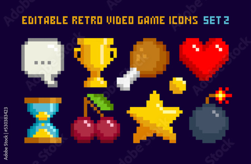 8-bt game pixel objects set 2 - editable vector. Retro game loot icons in 8 bit style.  Pixel graphic prize signs and symbols. Pixel heart, hourglass, goblet, bomb, cherry, chest, star, meat