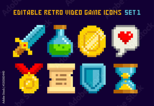 8-bt game pixel objects set 2 - editable vector. Retro game loot icons in 8 bit style.  Pixel graphic prize signs and symbols. Pixel set of medal, potion, chest, scroll, coin, love