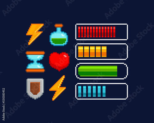 Pixel art Battery charge scale icon. Health and Energy load bar. Energy, Mana, Armor, Health and Time icon set in 8-bit retro game style. Retro pixel game or app interface elements