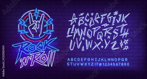 Rock Music Neon Light sign with type font - editable vector template. Neon tube letters design for Rock music, Bar Light sign. Neon font. Rock Party cyberpunk style lettering design
