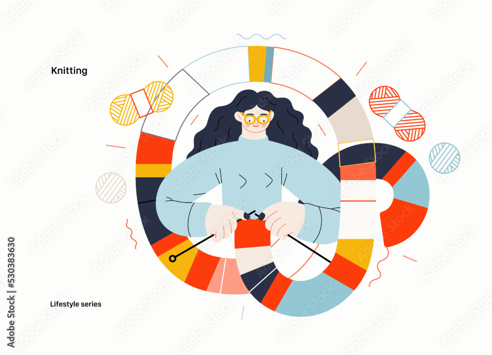 Lifestyle series - Knitting - modern flat vector illustration of a woman wearing glasses knitting a long striped scarf with knitting needles. People activities concept Lifestyle series - Knitting - modern flat vector illustration of a woman wearing glasses knitting a long striped scarf with knitting needles. People activities concept