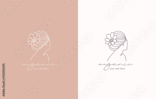 Side view flowers women beauty salon hair style feminine line art logo linear illustration