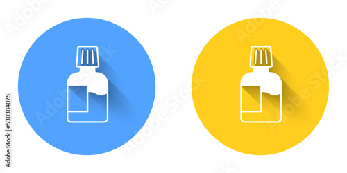 White Mouthwash plastic bottle icon isolated with long shadow background. Liquid for rinsing mouth. Oralcare equipment. Circle button. Vector