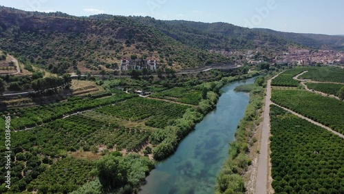 Orange trees field and Xucar river in Sumacarcer Valencia Spain photo