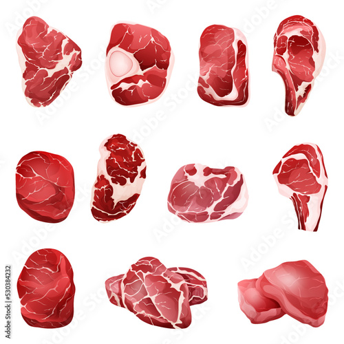 Vector set of meat cuts.Meat parts animals beef, pork, lamb.Raw meat illustration.