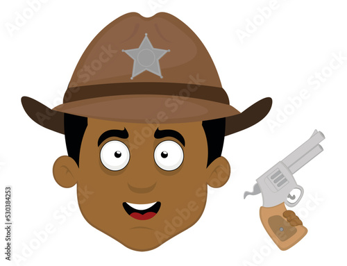 Vector emoticon illustration of the face of a cartoon sheriff with a hat and a gun in his hand