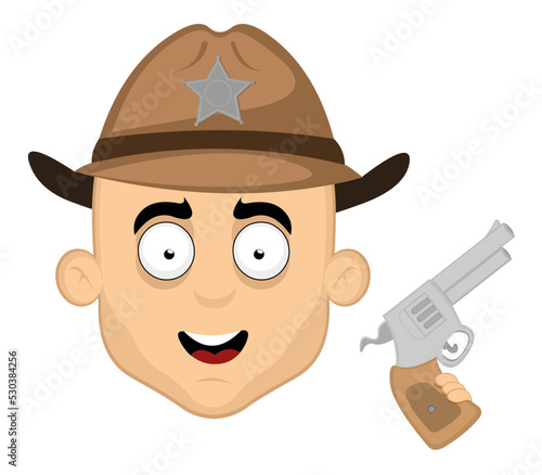 Vector emoticon illustration of the face of a cartoon sheriff with a hat and a gun in his hand