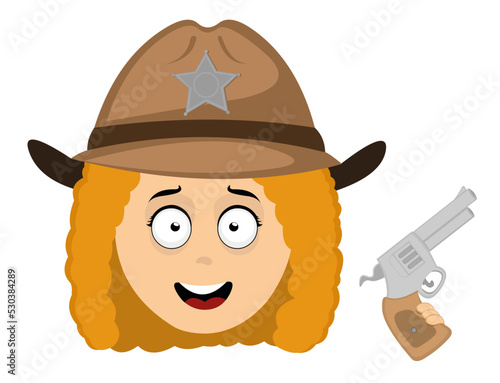 Vector emoticon illustration of the face of a woman cartoon sheriff with a hat and a gun in his hand	