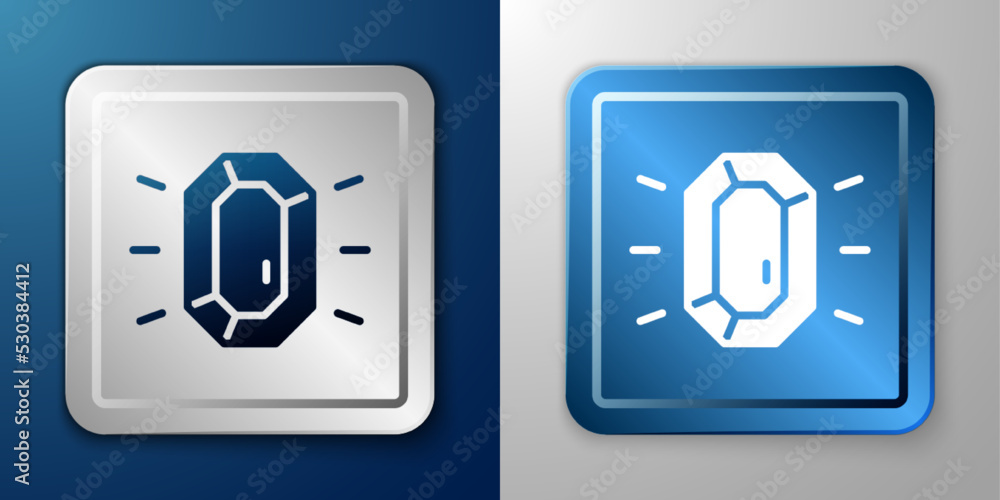 White Diamond icon isolated on blue and grey background. Jewelry symbol. Gem stone. Silver and blue square button. Vector