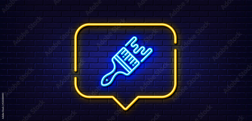 Neon light speech bubble. Paint brush line icon. Wall paintbrush sign. Creative drawing art symbol. Neon light background. Brush glow line. Brick wall banner. Vector Neon light speech bubble. Paint brush line icon. Wall paintbrush sign. Creative drawing art symbol. Neon light background. Brush glow line. Brick wall banner. Vector