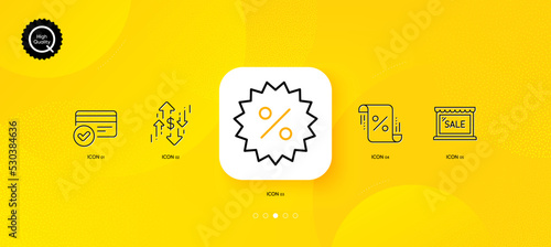 Discount, Payment methods and Sale minimal line icons. Yellow abstract background. Loan percent, Dollar rate icons. For web, application, printing. Vector
