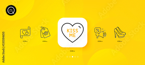 Shoes, Love letter and Sale tag minimal line icons. Yellow abstract background. Discounts offer, Kiss me icons. For web, application, printing. Fashion footwear, Heart, Shopping cart. Vector