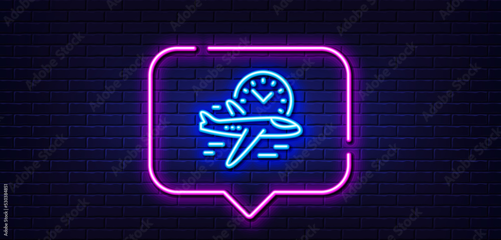 Neon light speech bubble. Flight time line icon. Airplane with clock sign. Airport flights symbol. Neon light background. Flight time glow line. Brick wall banner. Vector Neon light speech bubble. Flight time line icon. Airplane with clock sign. Airport flights symbol. Neon light background. Flight time glow line. Brick wall banner. Vector