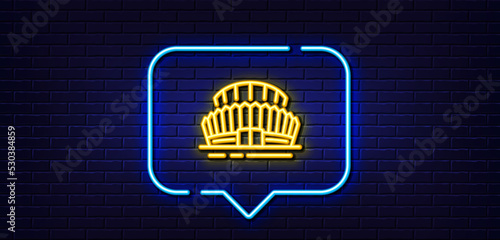 Neon light speech bubble. Sports stadium line icon. Arena sign. Sport complex symbol. Neon light background. Sports stadium glow line. Brick wall banner. Vector