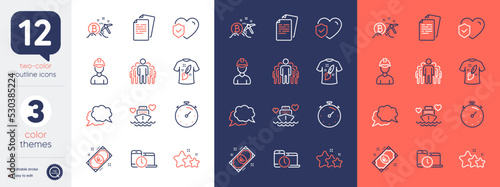 Set of Time management, Foreman and Stars line icons. Include Life insurance, Euro money, Honeymoon cruise icons. Group, Chat message, T-shirt design web elements. Documents, Timer. Vector