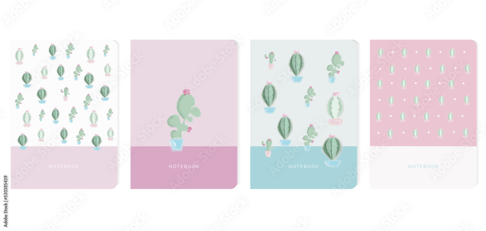 4 notebook diary cover with cactuses seamless pattern design scrapbook in pastel colors. Collection bundle set