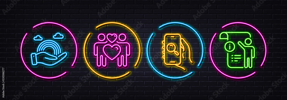 Search app, Lgbt and Love couple minimal line icons. Neon laser 3d lights. Manual doc icons. For web, application, printing. Find smartphone, Rainbow care, Lovers. Project info. Vector