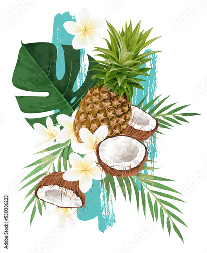 Tropical Collage With Pineapple, Monstera, Frangipani, Coconut & Palm Leaf