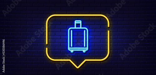 Neon light speech bubble. Airport baggage reclaim line icon. Airplane luggage sign. Flight checked bag symbol. Neon light background. Baggage reclaim glow line. Brick wall banner. Vector
