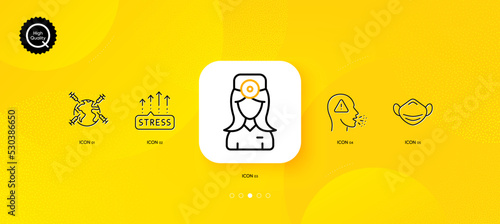 Medical mask, World vaccination and Oculist doctor minimal line icons. Yellow abstract background. Stress grows, Cough icons. For web, application, printing. Vector