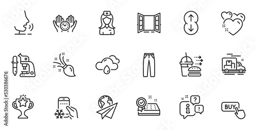 Outline set of Buy button, Microscope and Safe time line icons for web application. Talk, information, delivery truck outline icon. Include Heart, Mattress guarantee, Food delivery icons. Vector