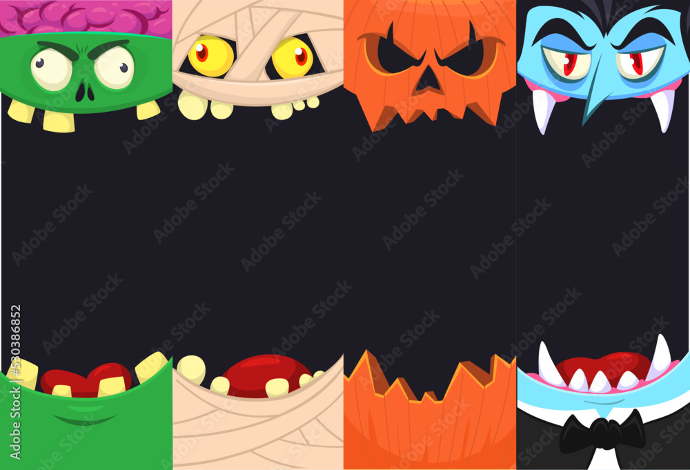 Halloween funny faces set of four characters. Cartoon heads of grim reaper, pumpkin Jack o lntern zombie, vampire and mummy. Vector illustration isolated. Party decoration design