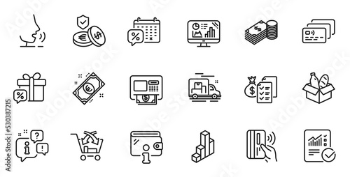 Outline set of Savings insurance, Sale gift and Checked calculation line icons for web application. Talk, information, delivery truck outline icon. Vector
