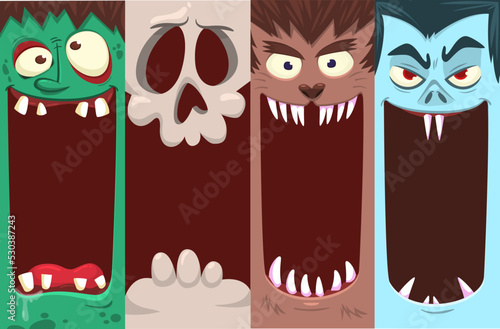 Halloween funny faces set of four characters. Cartoon heads of grim reaper, pumpkin Jack o lntern zombie, vampire monster werewolf and mummy. Vector illustration isolated. Party decoration