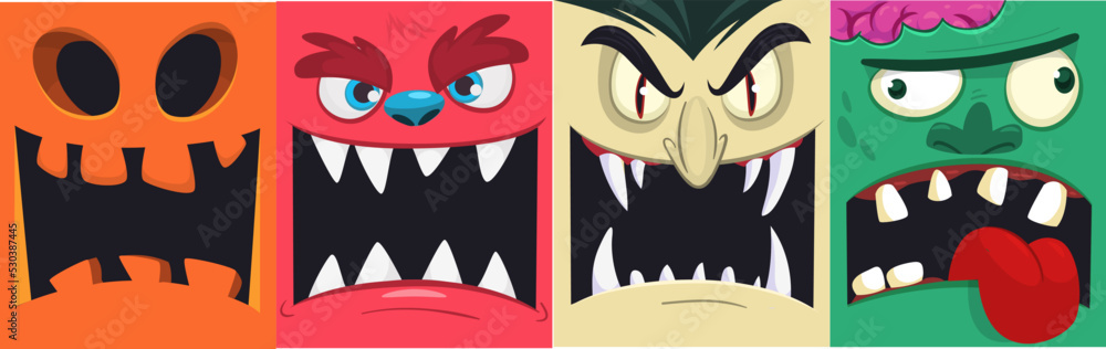Halloween funny faces set of four characters. Cartoon heads of grim reaper, pumpkin Jack o lntern zombie, vampire and mummy. Vector illustration isolated. Party decoration or package design. Halloween funny faces set of four characters. Cartoon heads of grim reaper, pumpkin Jack o lntern zombie, vampire and mummy. Vector illustration isolated. Party decoration or package design.