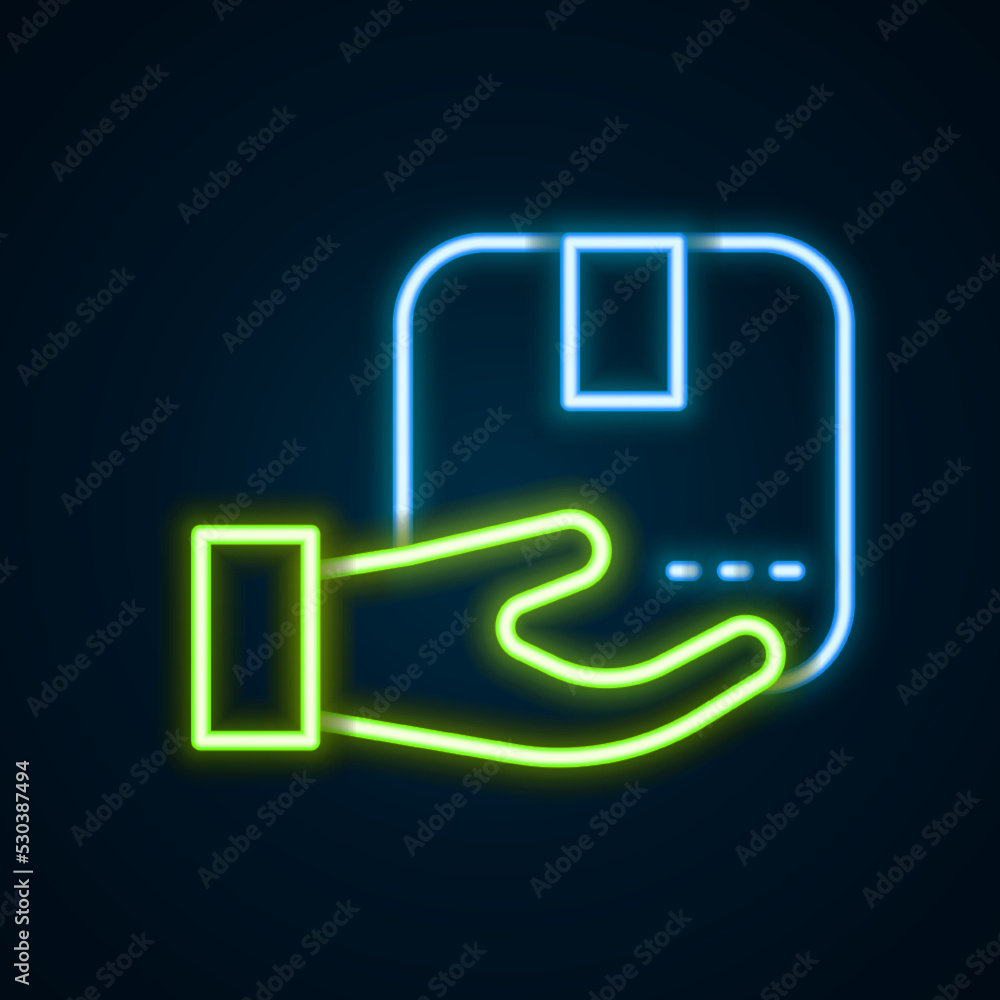 Glowing neon line Delivery hand with cardboard boxes icon isolated on black background. Door to door delivery by courier. Colorful outline concept. Vector Glowing neon line Delivery hand with cardboard boxes icon isolated on black background. Door to door delivery by courier. Colorful outline concept. Vector