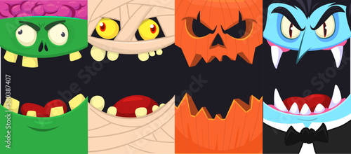 Halloween funny faces set of four characters. Cartoon heads of grim reaper, pumpkin Jack o lntern zombie, vampire and mummy. Vector illustration isolated. Party decoration design