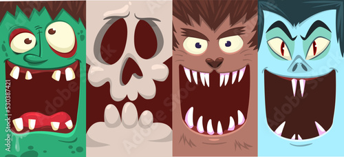 Halloween funny faces set of four characters. Cartoon heads of grim reaper, pumpkin Jack o lntern zombie, vampire monster werewolf and mummy. Vector illustration isolated.