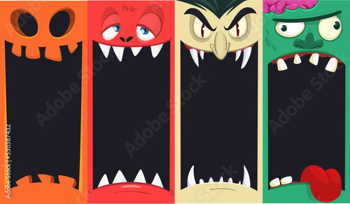 Halloween funny faces set of four characters. Cartoon heads of grim reaper, pumpkin Jack o lntern zombie, vampire and mummy. Vector illustration isolated. Party decoration or package design.