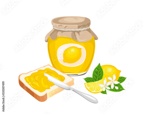 Lemon jam set. Spread on piece of toast bread, knife, glass jar with marmalade and fresh yellow citrus fruit isolated on white background. Vector cartoon sweet food illustration.