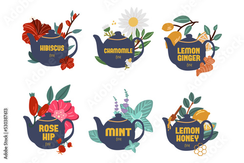 The set of labels herbal tea and teapots. Icons herbal tea.