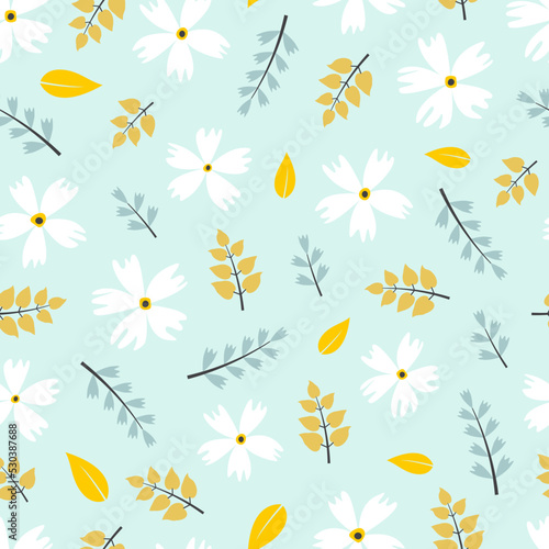 Elegant modern vector floral seamless pattern design of beautiful flowers and branches of leaves. Stylish ditsy repeat texture background for textile
