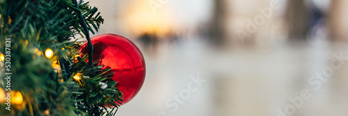 Photography Christmas and New Year time, amazing Xmas decorations on pine trees with real sn