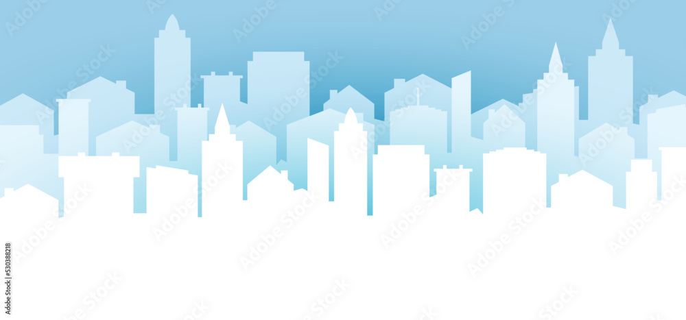 Blue Cityscape. Cartoon urban skyline. City panorama, landscape, street, flat and office buildings. Wide horizontal panorama. Drawing silouette town view sky. Skyscrapers
