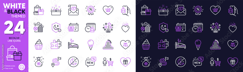 Romantic gift, Love letter and Insomnia line icons for website, printing. Collection of Guard, Shopping, Ice cream icons. New, Say yes, Journey web elements. Cupcake, Sleep, Puzzle. Vector Romantic gift, Love letter and Insomnia line icons for website, printing. Collection of Guard, Shopping, Ice cream icons. New, Say yes, Journey web elements. Cupcake, Sleep, Puzzle. Vector